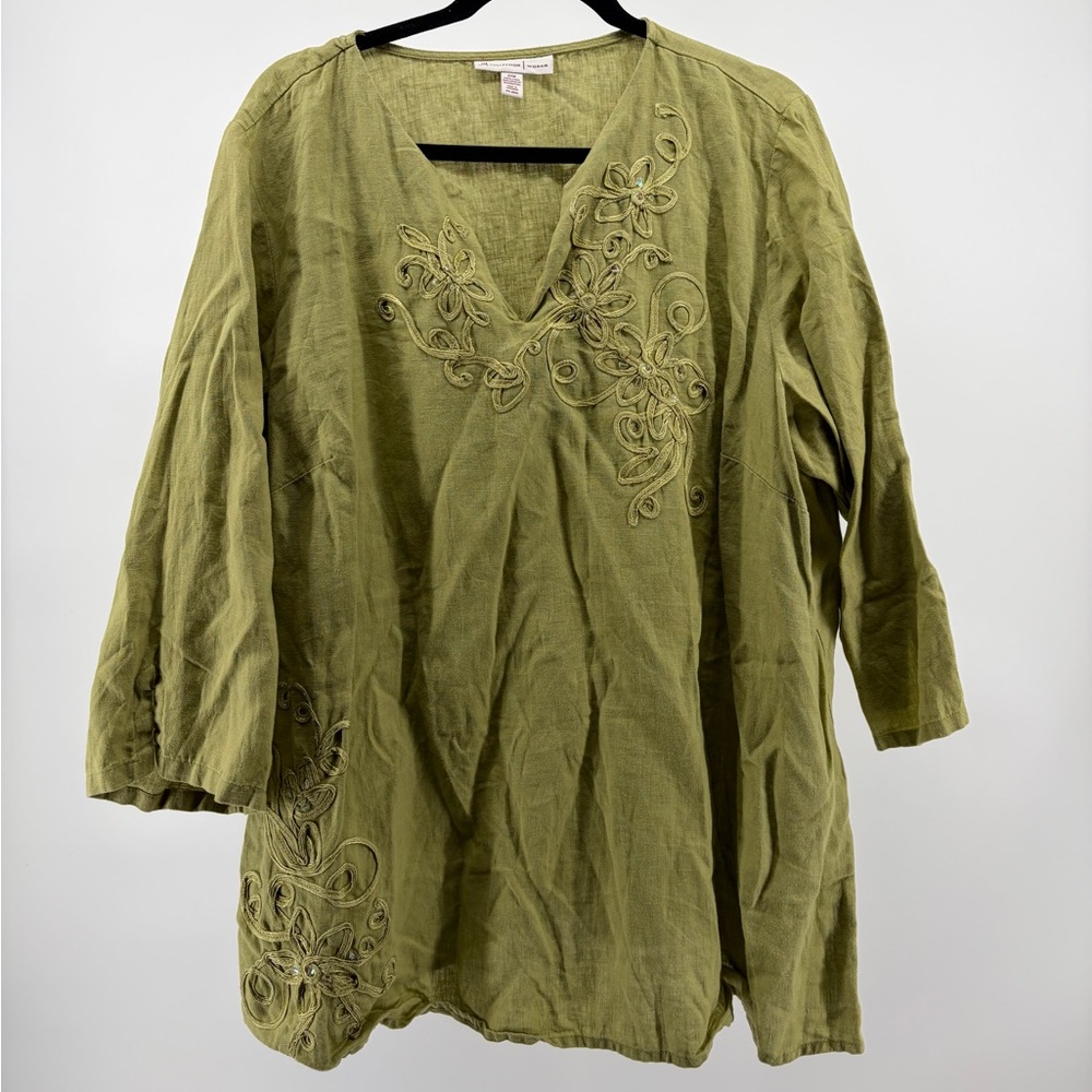 JM Collection Woman 100% Linen Tunic Top‎ Womens 22W Green Beaded 3/4 Sleeve